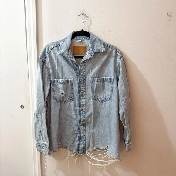 H&M Tops Hm Oversized Distressed Light Blue Denim Shirt Size
